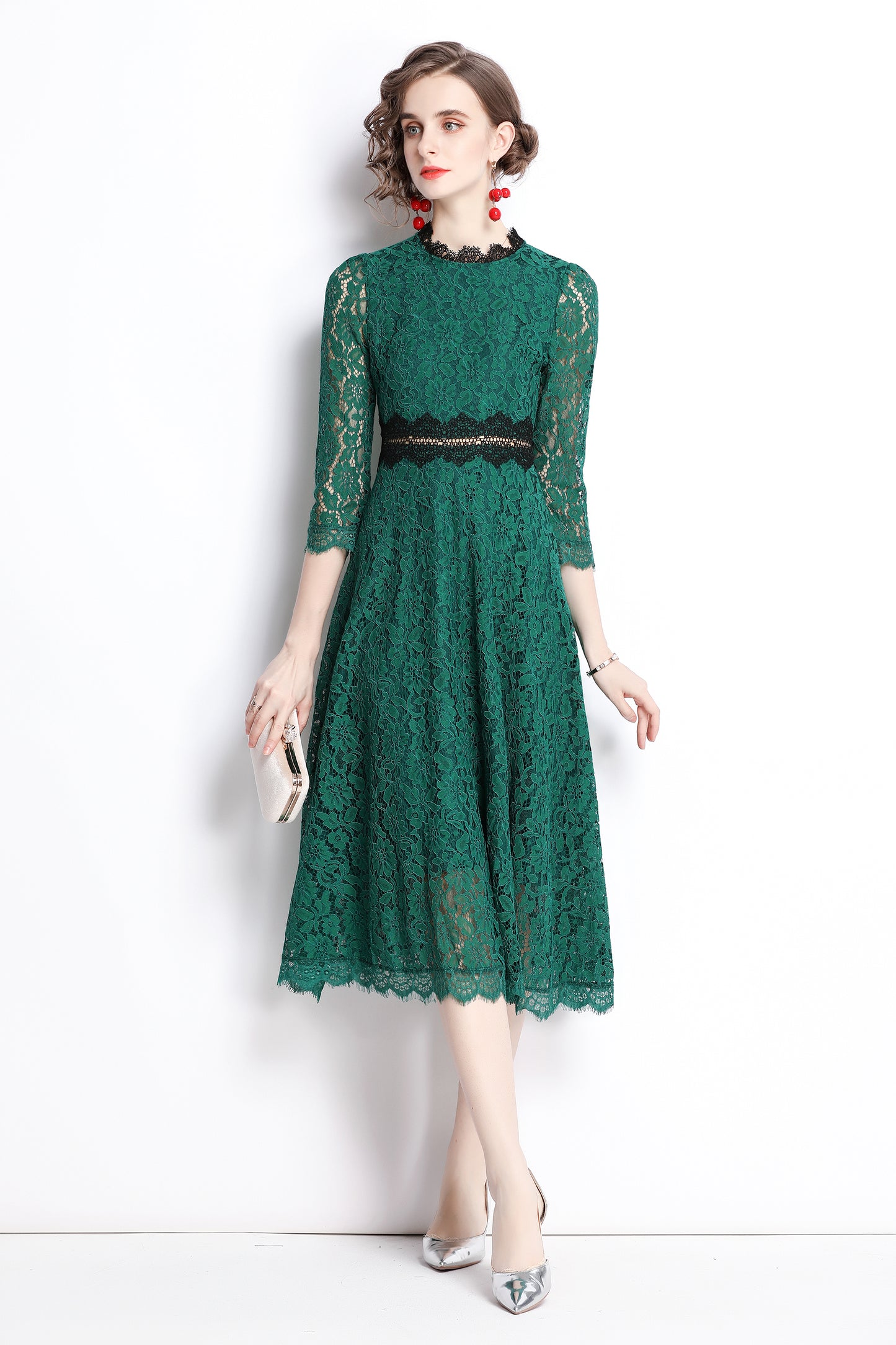 SSY-Women's 3/4 Sleeve Floral Lace Cocktail Midi Dress