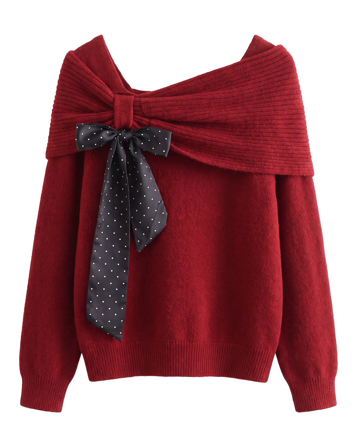 28683-Burgundy Bow Off-Shoulder Knit Sweater