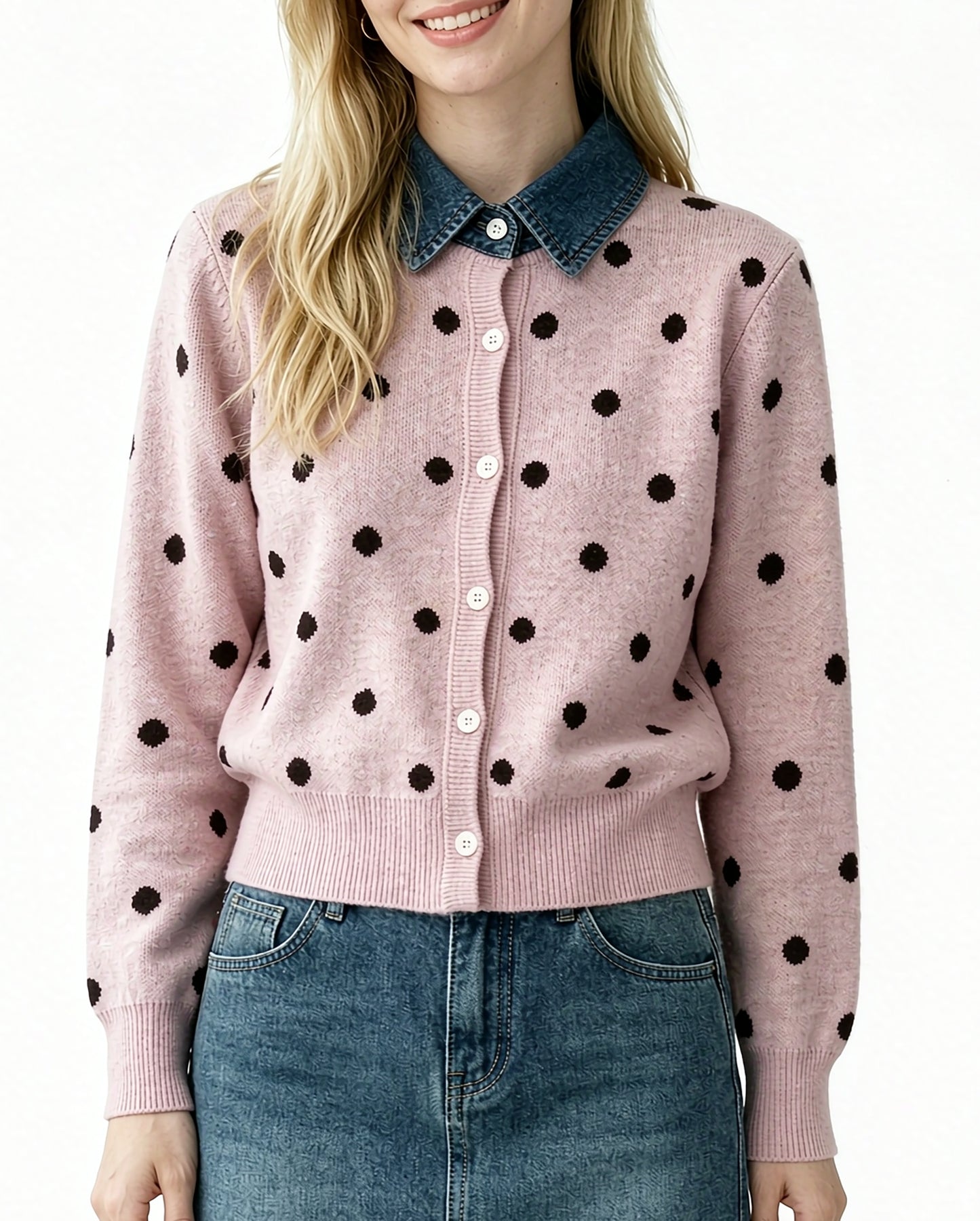 Polka Dot Knit Cardigan with Denim Collar