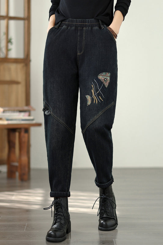 Women's Elastic Waist Embroidery Denim Jeans