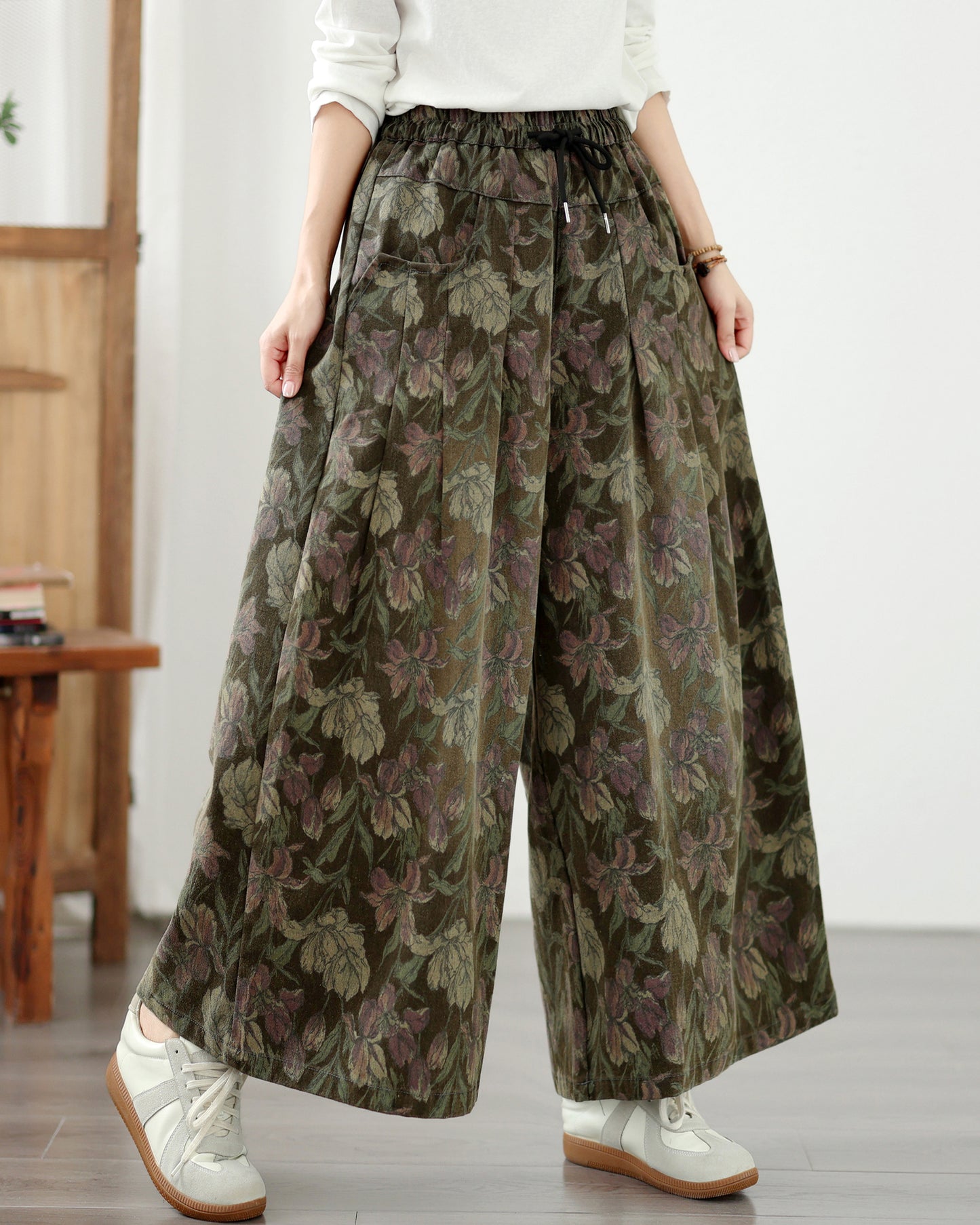 Boho Style Loose Fit Drawstring Floral Wide-Leg Denim Pants