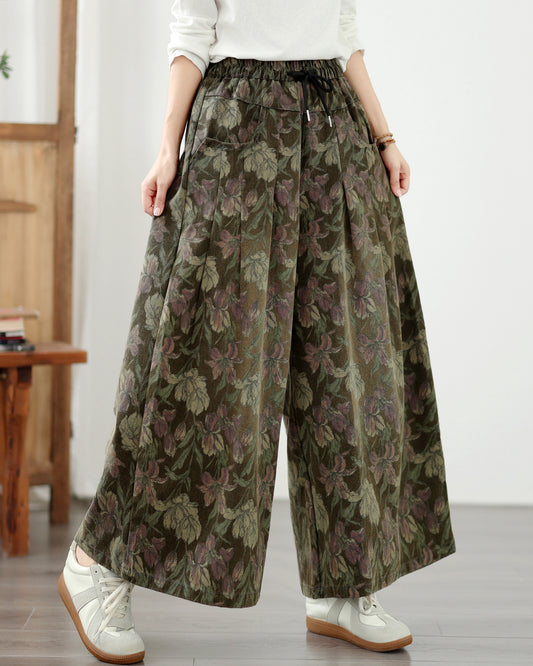 Boho Style Loose Fit Drawstring Floral Wide-Leg Denim Pants - LAI MENG FIVE CATS