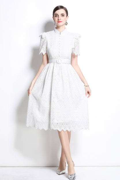 Women's Short Sleeve Lace Buttons Ruffles Midi Dress