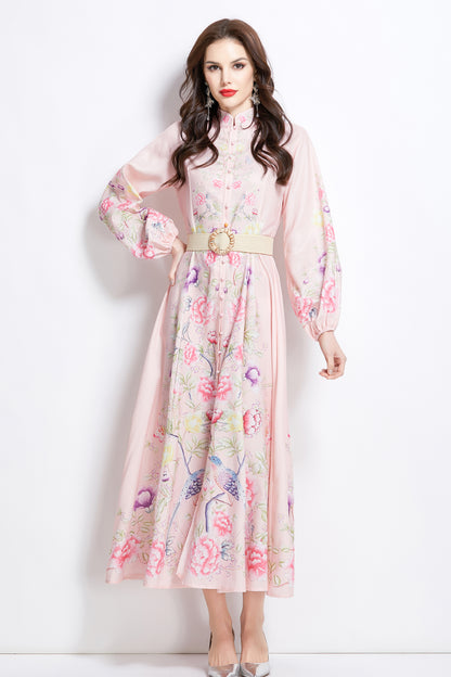 Women's Floral Print Lantern Sleeve Slit Maxi Dress