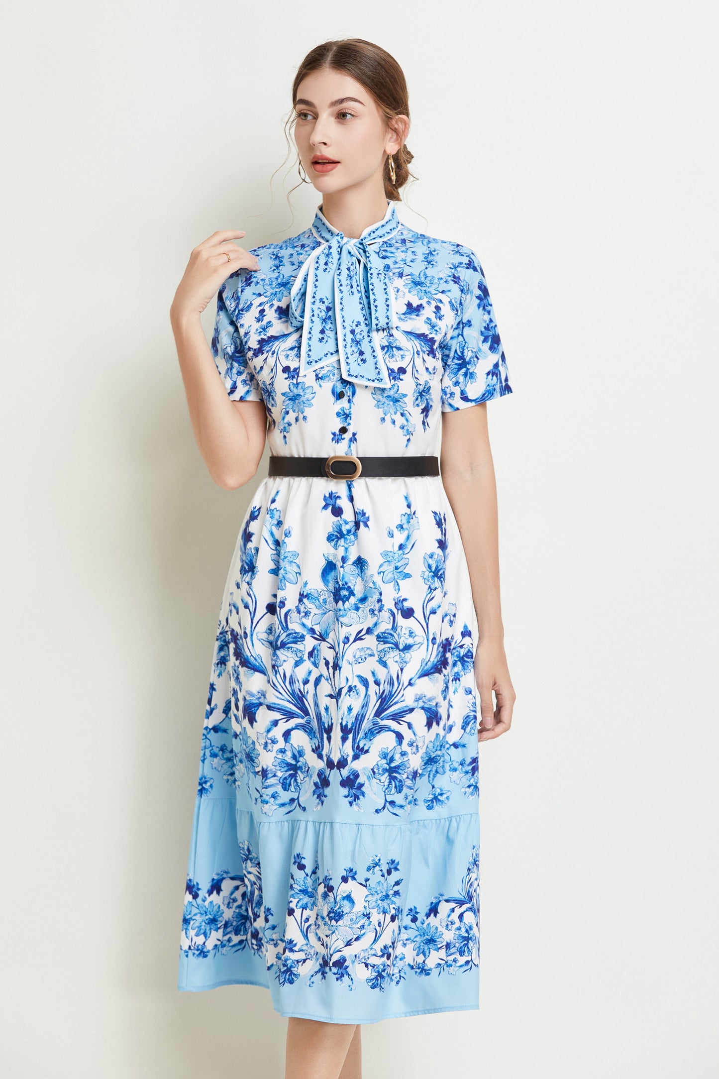 SSY-Women's Short Sleeve Floral Print Button Midi Dress
