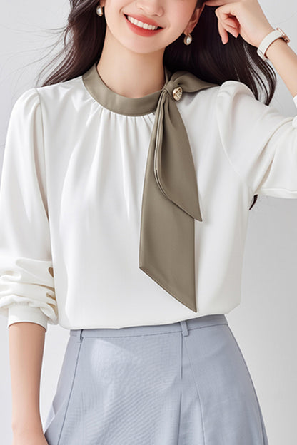 Women's Silk Satin Shirt Tie Neck Long Sleeve Top - LAI MENG FIVE CATS