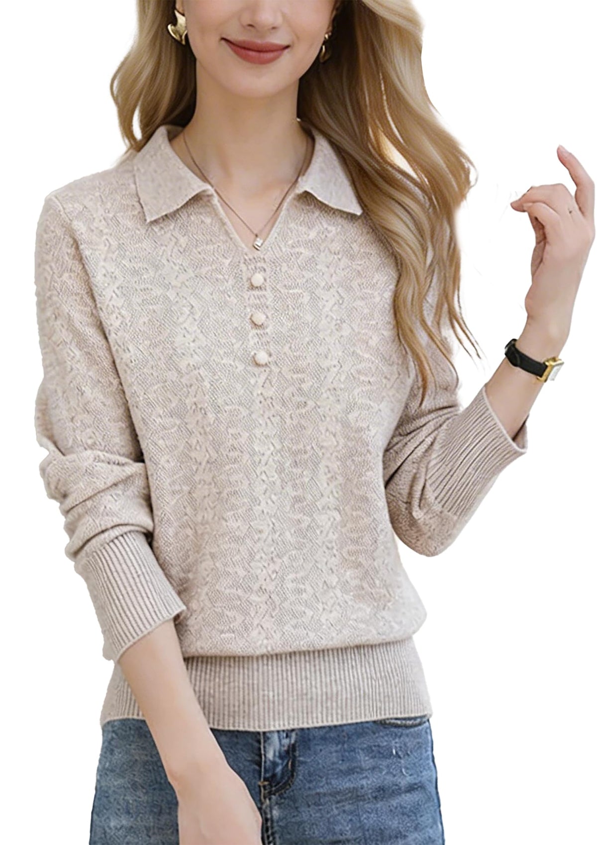 Women's Pink Polo Knit Top — V-Neck & Long Sleeve Ribbet Knitted