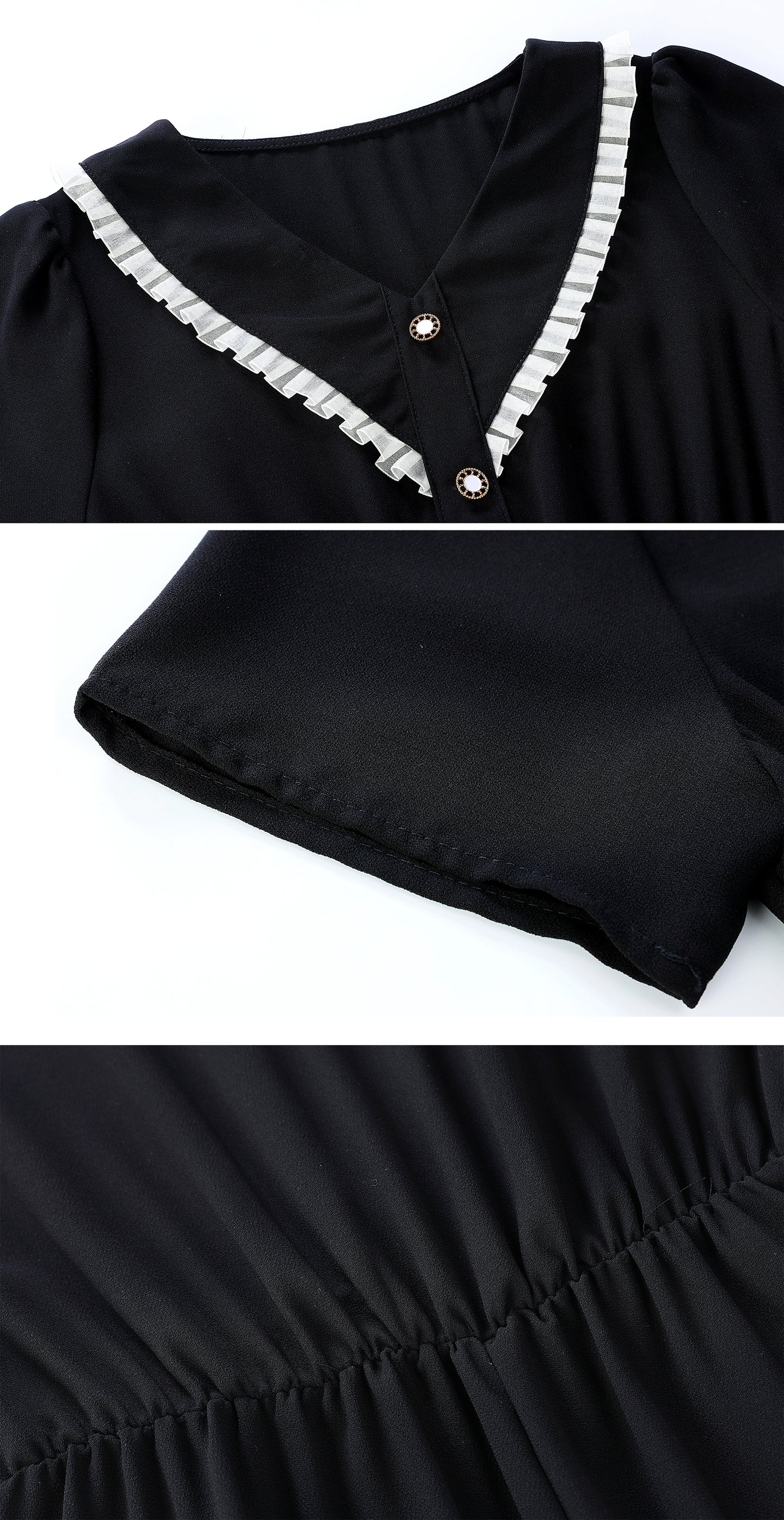 Black Chiffon V-Neck Midi Dress with Pockets