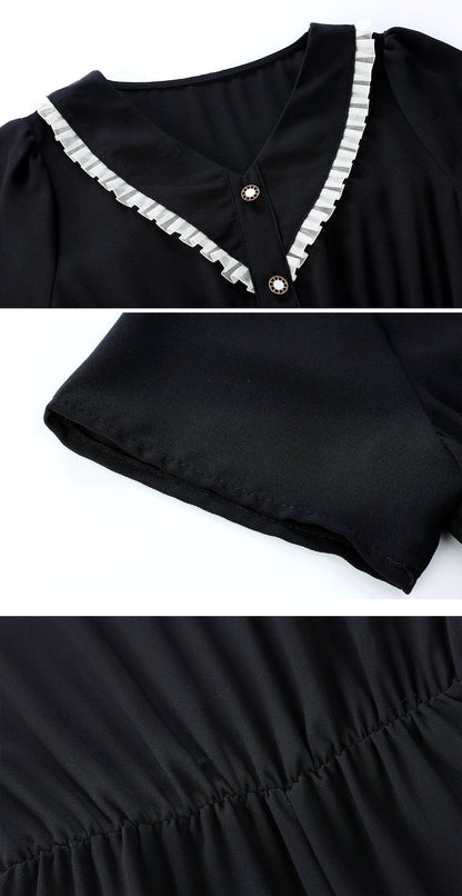Black Chiffon V-Neck Midi Dress with Pockets