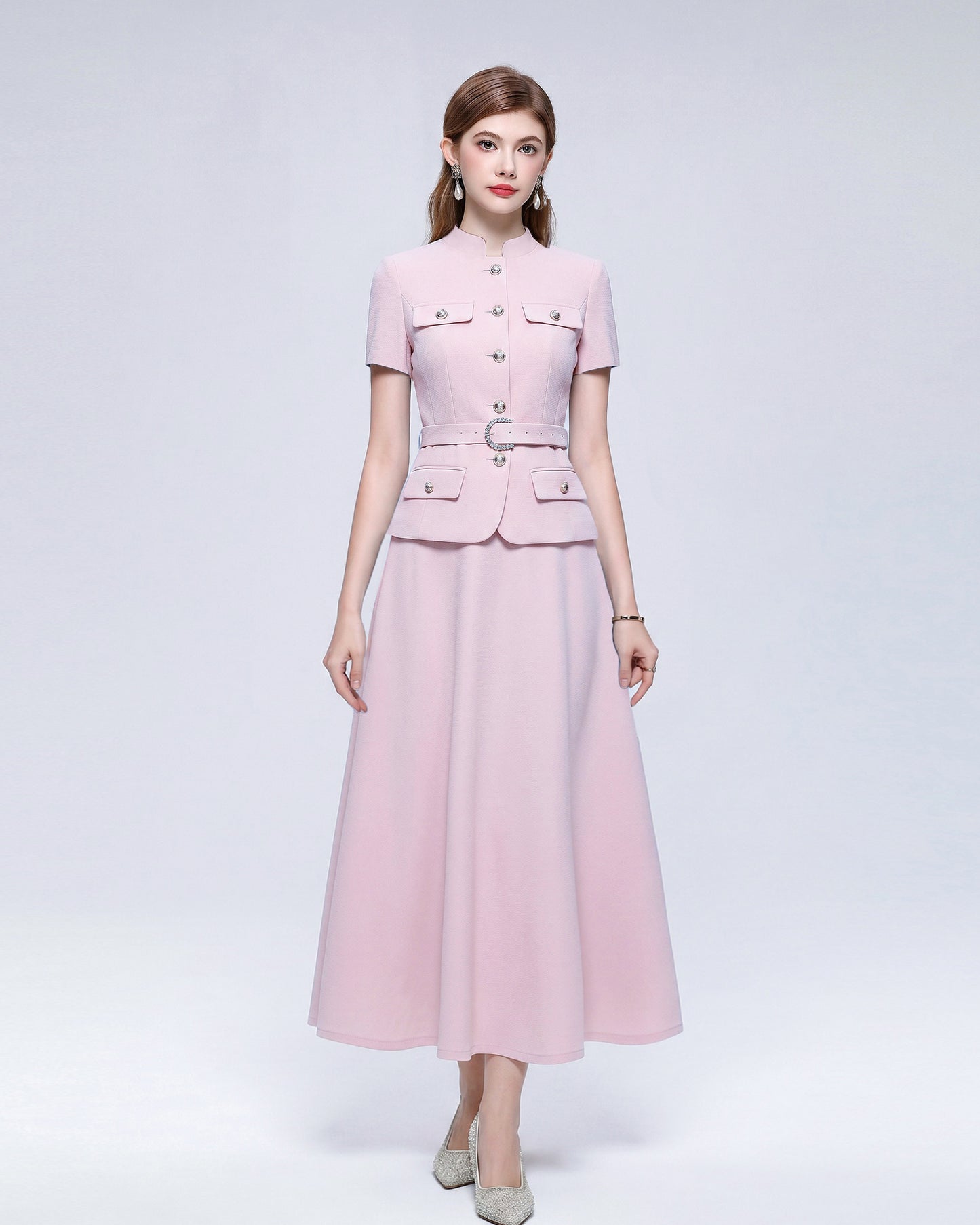 Chic 2-Piece Outfit: EShort-Sleeve Mandarin Collar Jacket & A-Line Skirt