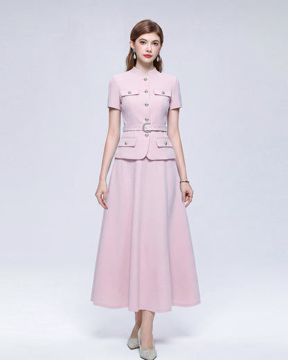 Chic 2-Piece Outfit: EShort-Sleeve Mandarin Collar Jacket & A-Line Skirt