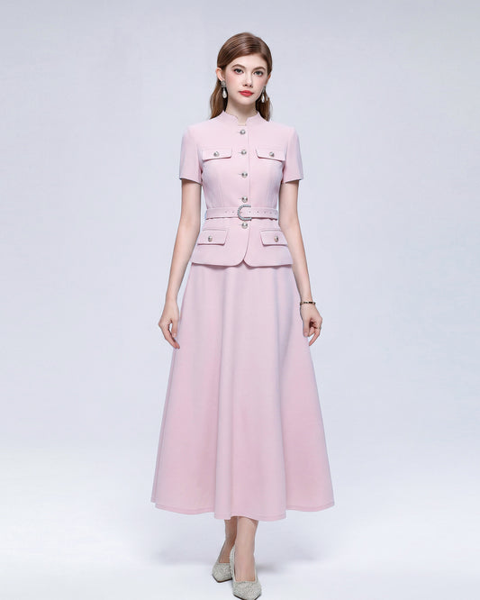 Chic 2-Piece Outfit: EShort-Sleeve Mandarin Collar Jacket & A-Line Skirt