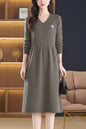 Women's Sweater V Neck Knit  High Waist Midi Dress