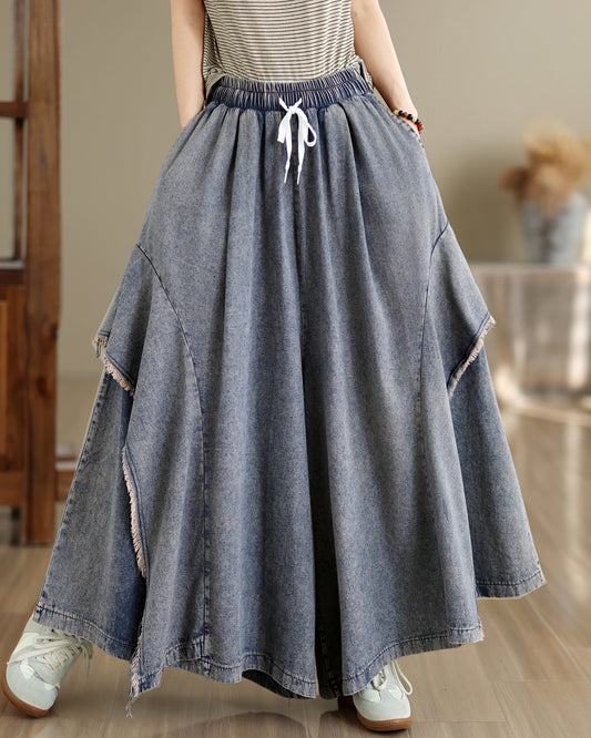 Women Loose Denim Skirt Pants Baggy Elastic Waist Casual Wide Leg Jeans - LAI MENG FIVE CATS