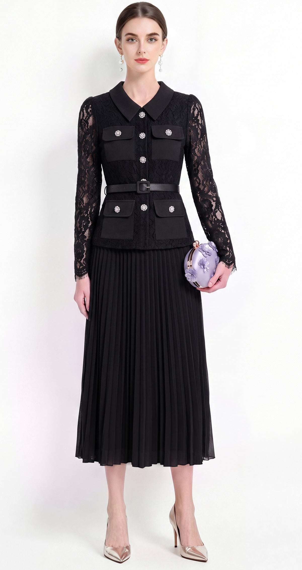 28729 Elegant Lace Pleated Midi Dress with Belt – 4 Colors