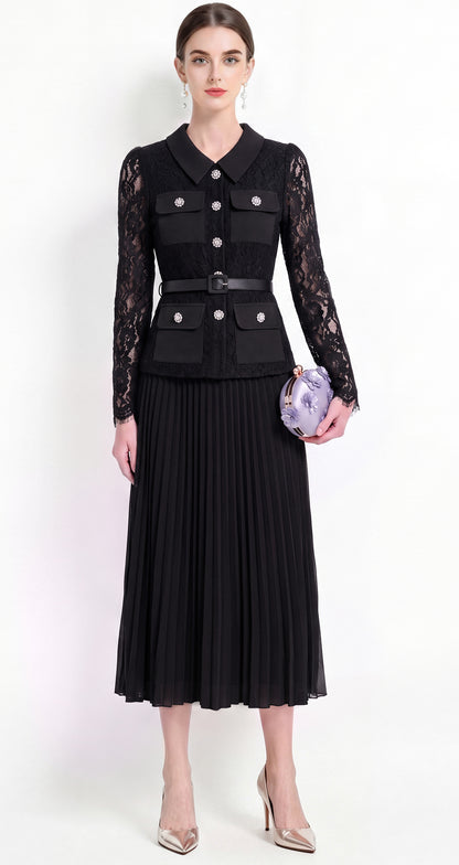 28729 Elegant Lace Pleated Midi Dress with Belt – 4 Colors