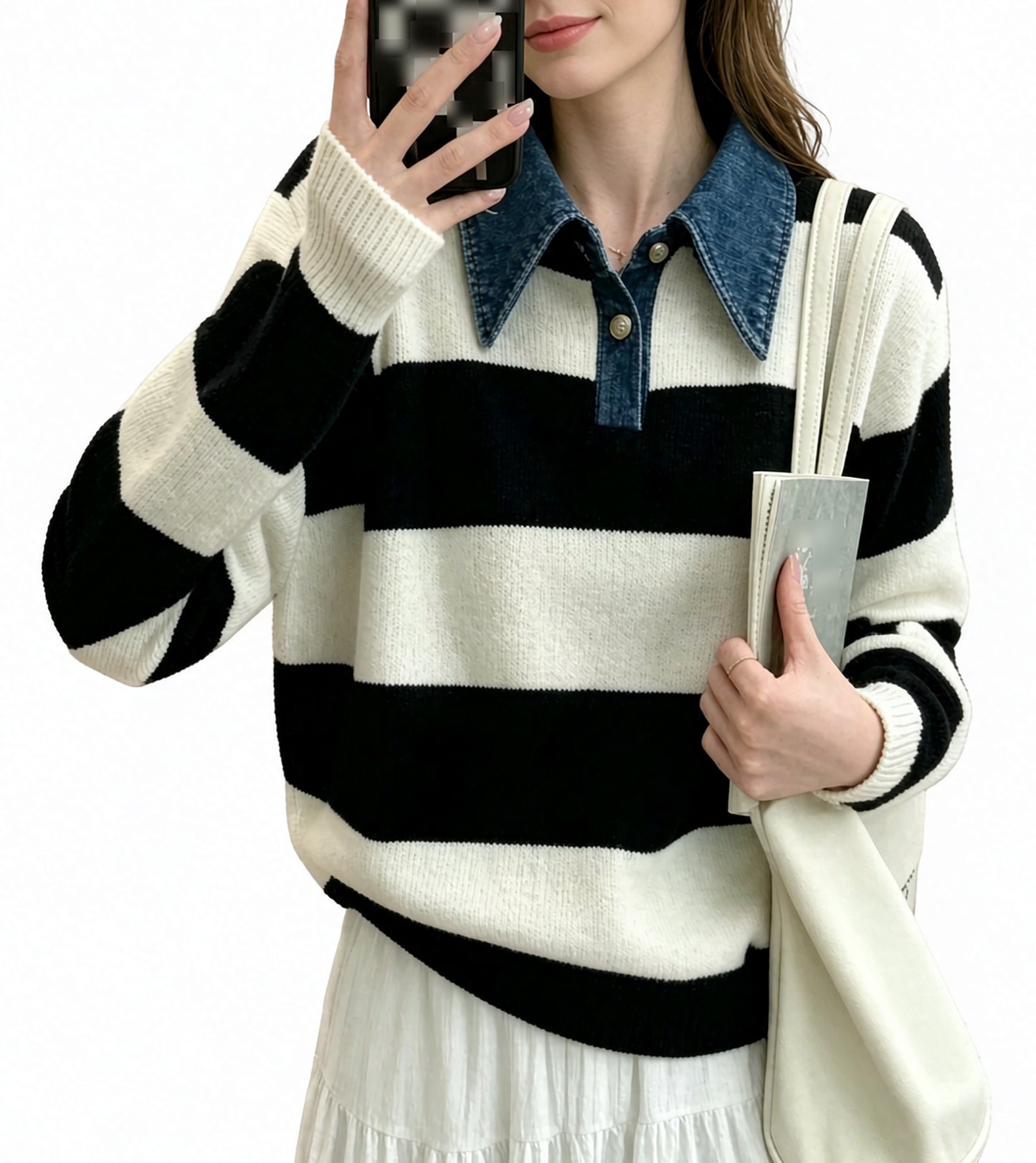 Striped Casual Knit Sweater with Denim Collar