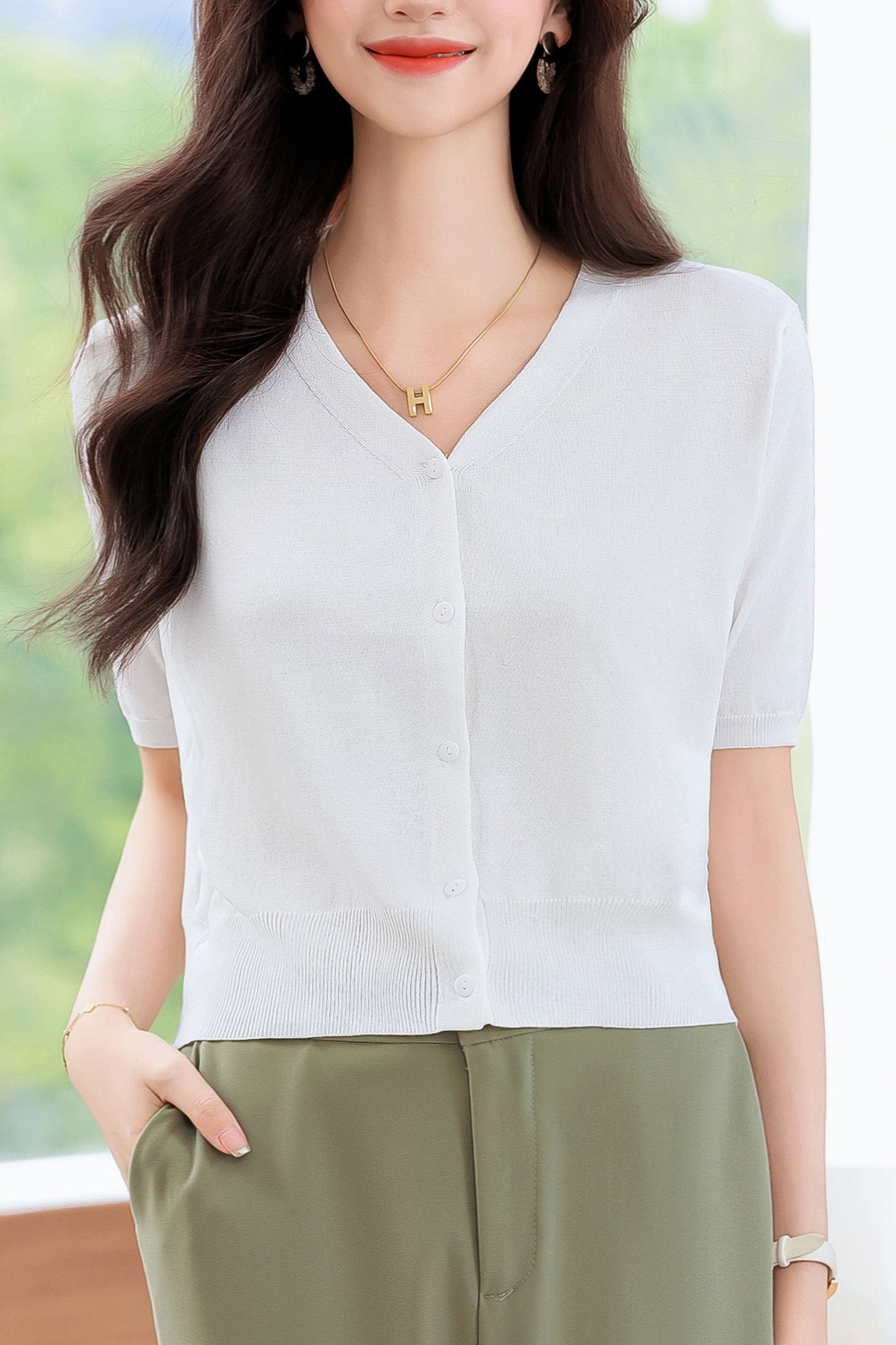 Women's Short Sleeve Ribbed Knit Cardigan Tops