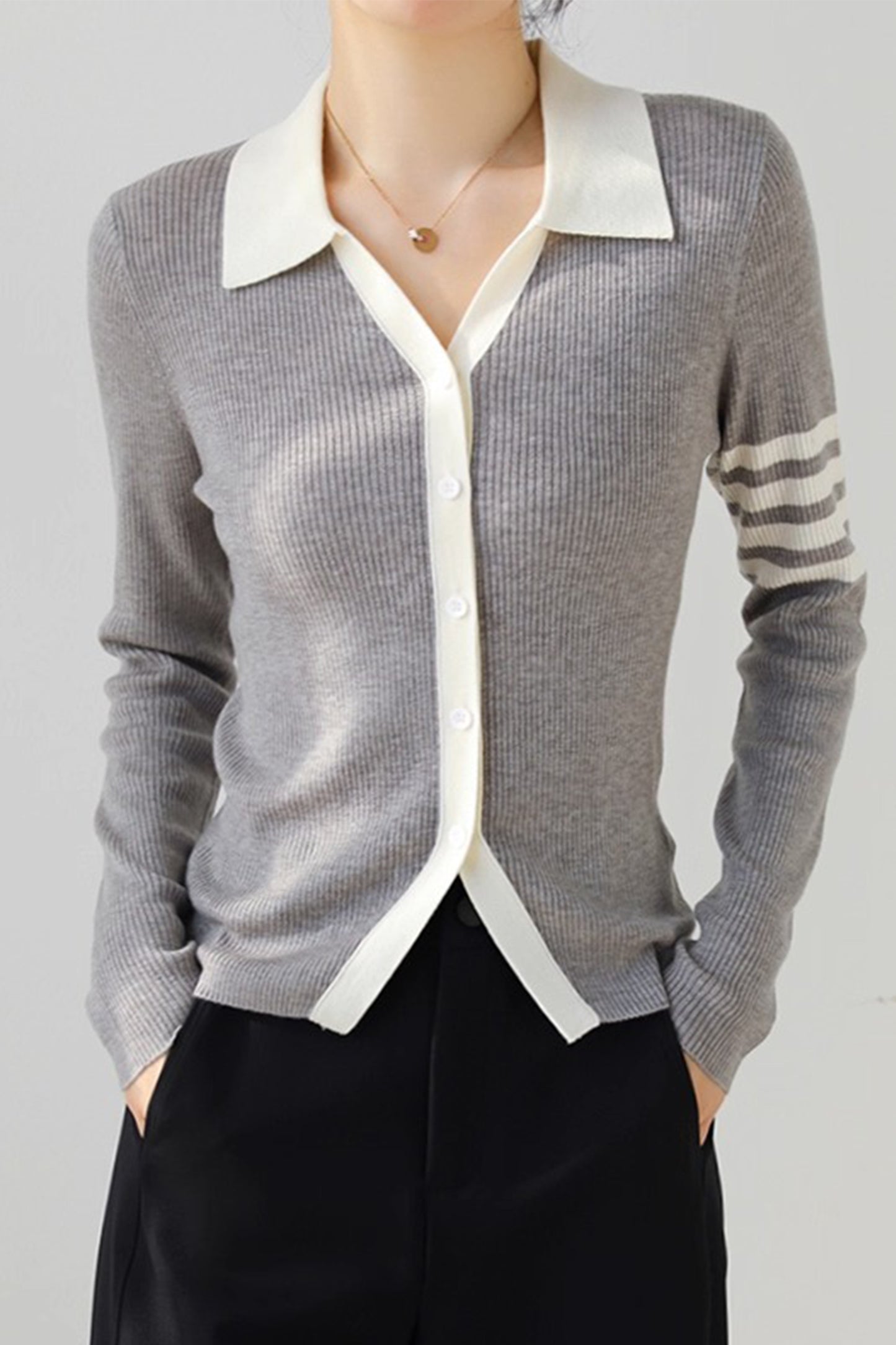 Women's Lapel V Neck Striped Cardigan Knit Blouse