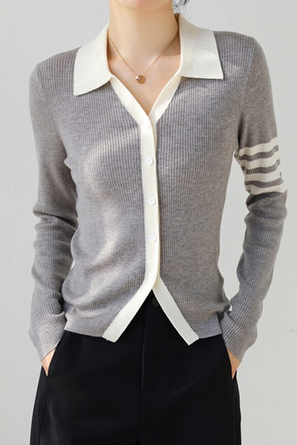 Women's Lapel V Neck Striped Cardigan Knit Blouse