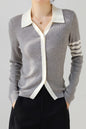Women's Lapel V Neck Striped Cardigan Knit Blouse