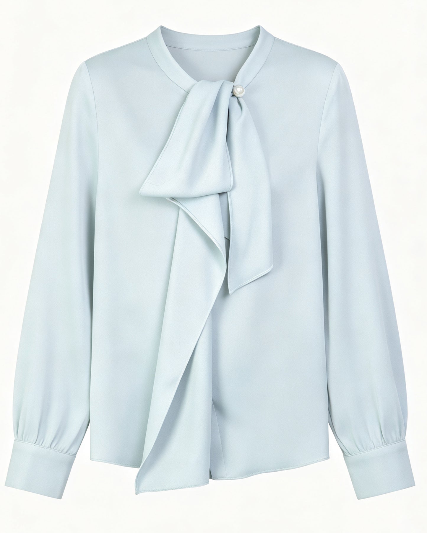 Light Blue Satin Tie-Neck Long Sleeve Blouse