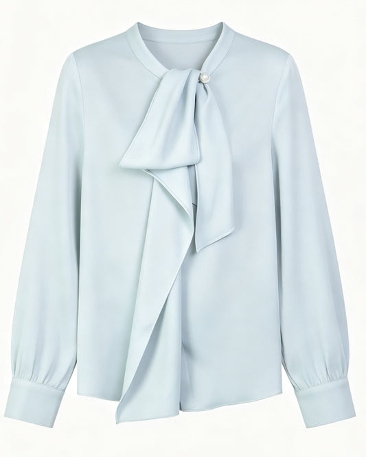 Light Blue Satin Tie-Neck Long Sleeve Blouse
