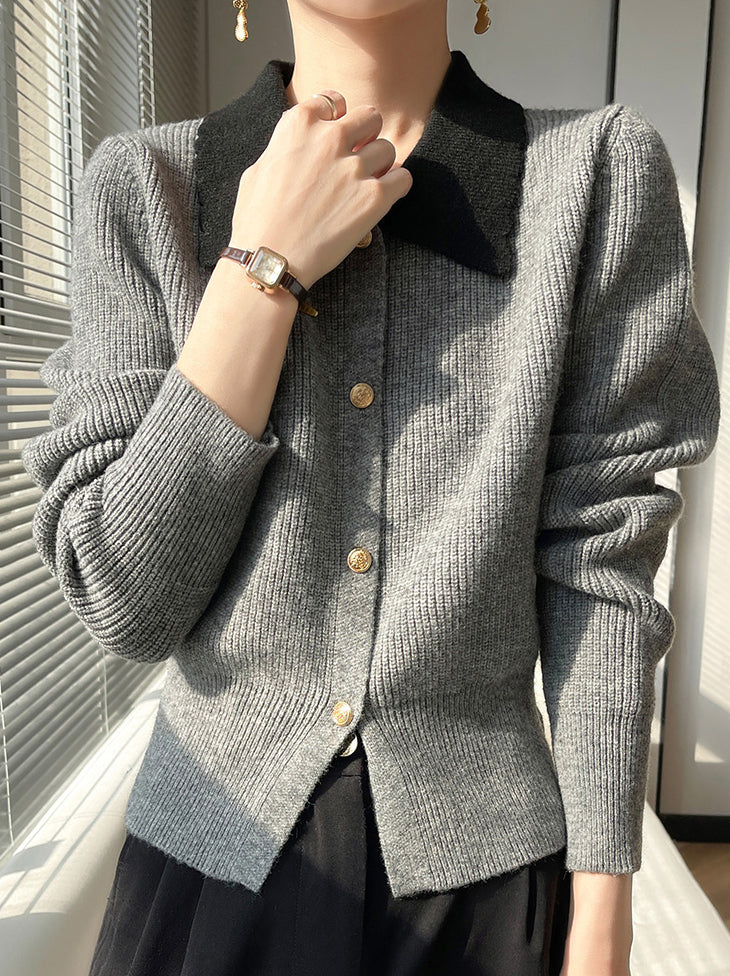 Chic Contrast Collar Knit Cardigan – Vintage Button Ribbed Sweater Top