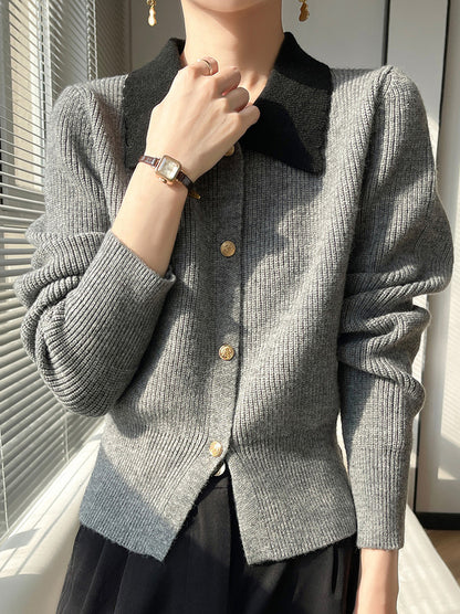 Chic Contrast Collar Knit Cardigan – Vintage Button Ribbed Sweater Top