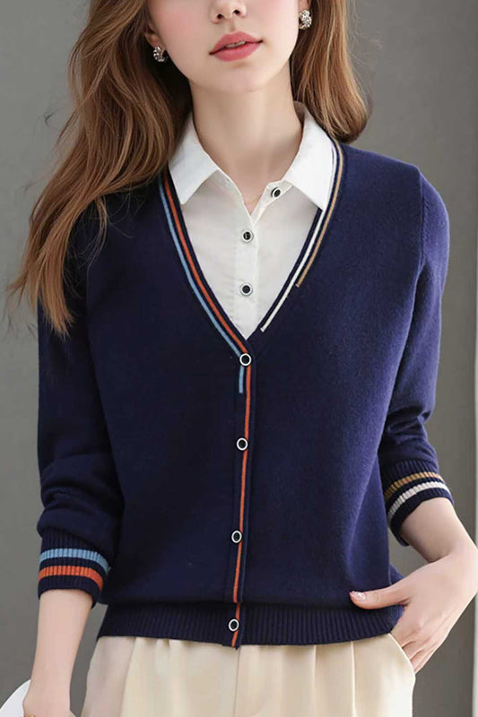 Women's V-Neck Collared Long Sleeve Shirt Striped  Blouse
