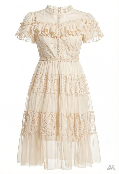 Sequin Lace Ruffle Midi Dress – Ivory