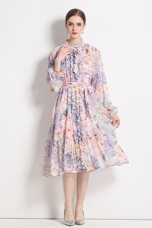 FSY-Women's Floral Puff Sleeve Button Loose Ruffle Midi Dress