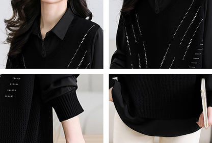 Women's 2-in-1 Layered Knit Vest Top — Shirt Collar with Dotted Trim