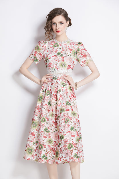 Women's Lace Floral Crochet Waist Midi Dress