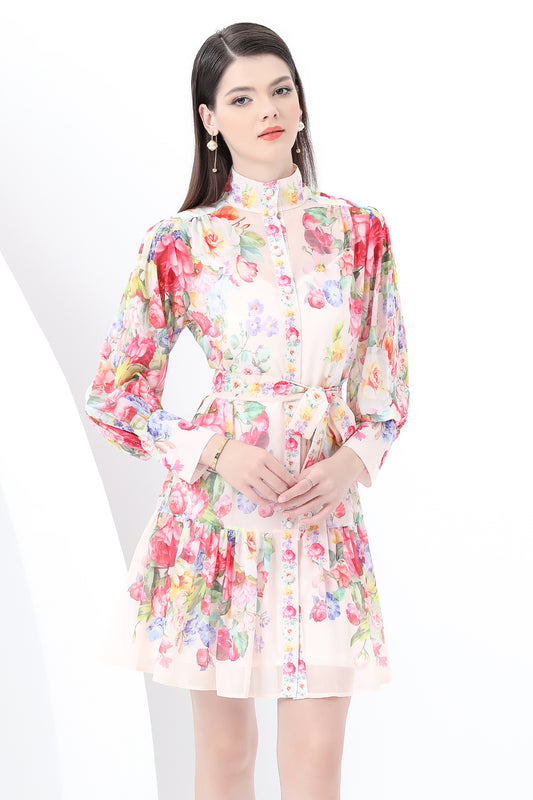 Women's Floral Print Lantern Sleeve Ruffle Mini Dress