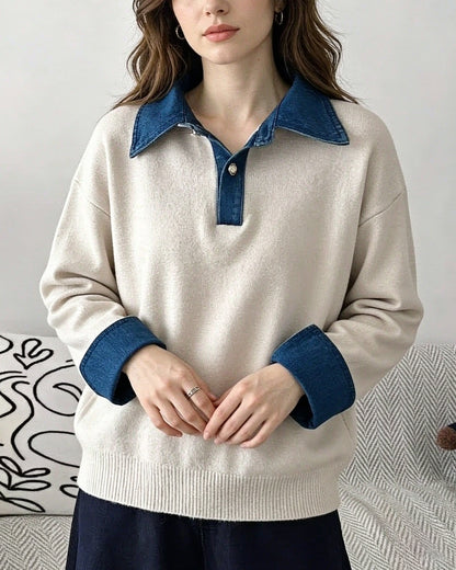 Denim Collar Color-Block Knit Sweater – Faux Two-Piece Long Sleeve Top - LAI MENG FIVE CATS