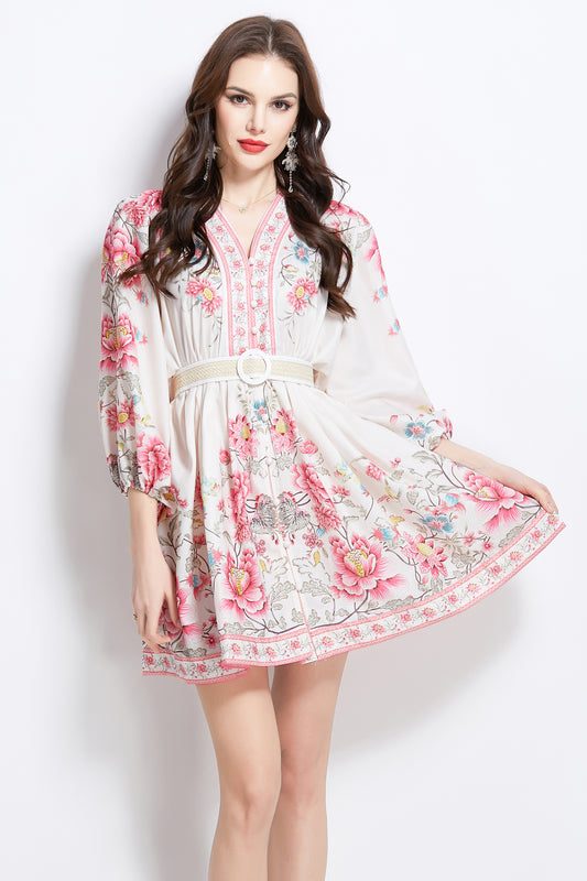 Women's V-Neck Floral Print Mini Dress