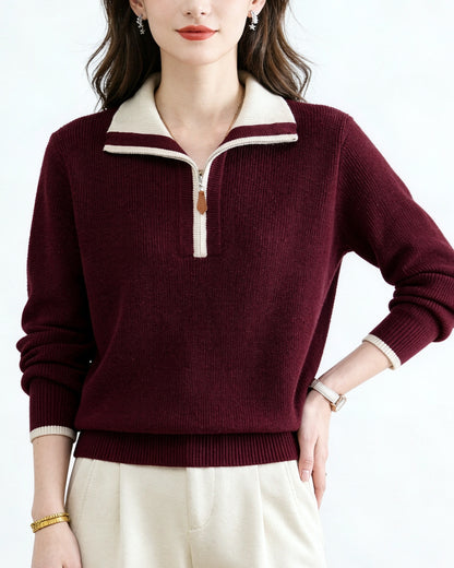 Contrast Collar Half-Zip Knit Sweater – Chic Colorblock Ribbed Pullover