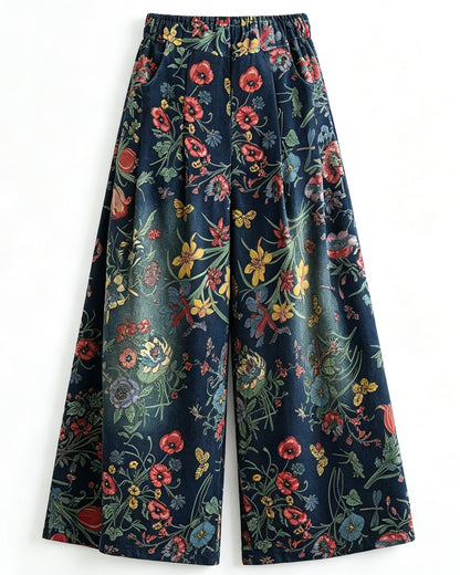 Vintage Floral Wide Leg Denim Pants Women's Boho Loose Casual Trousers