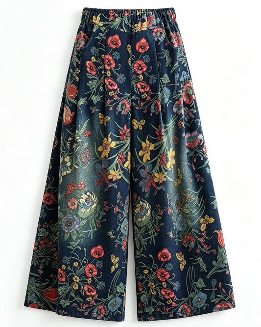 Vintage Floral Wide Leg Denim Pants Women's Boho Loose Casual Trousers