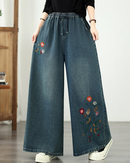 Vintage Embroidered Wide-Leg Jeans with Elastic Waist