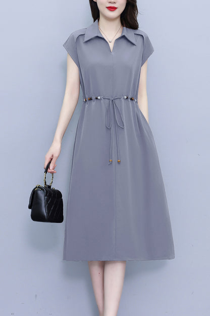 Women's V-Neck Cap Sleeve Pocket Midi Dress