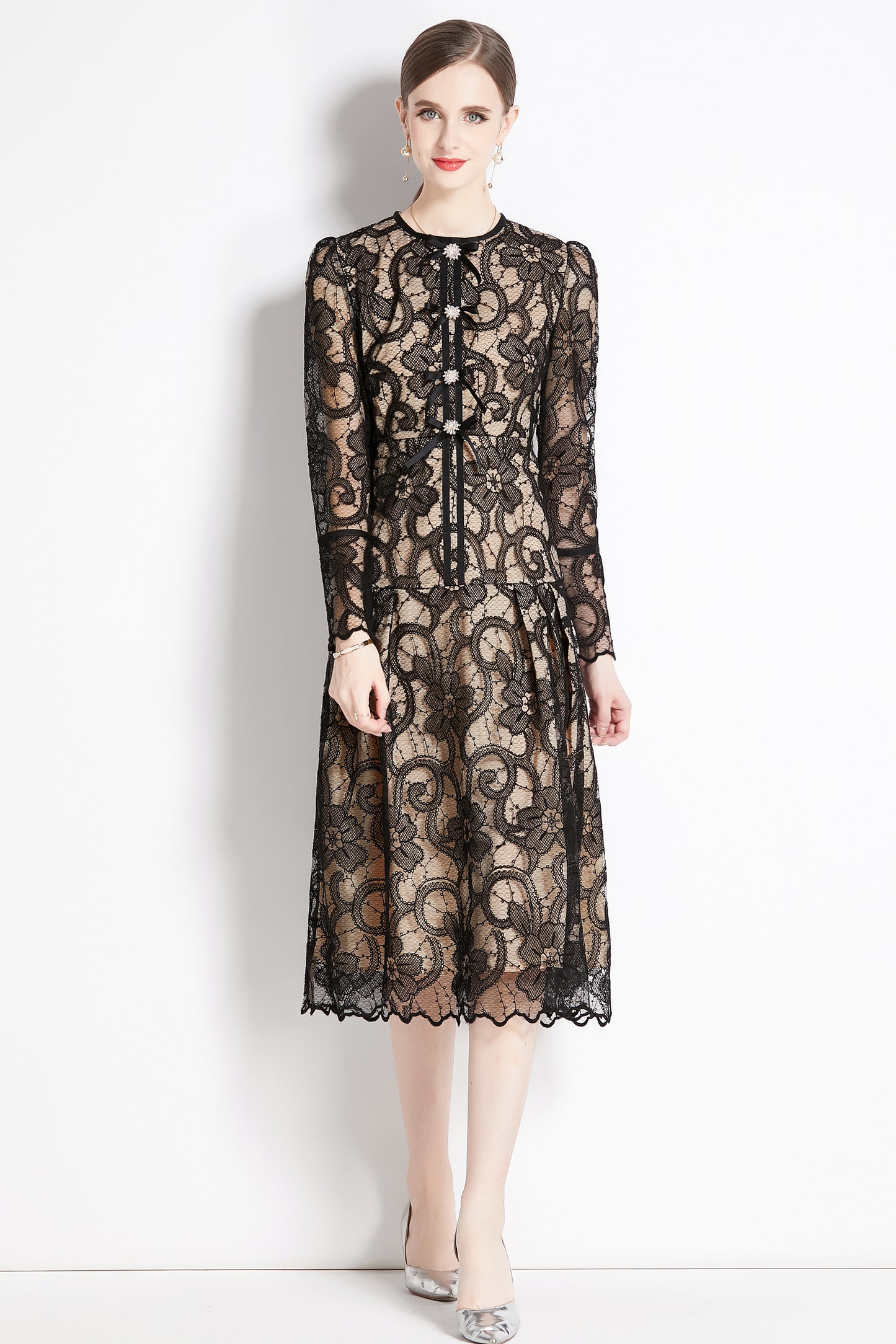 Women's Lace Floral Long Sleeve Midi Dress