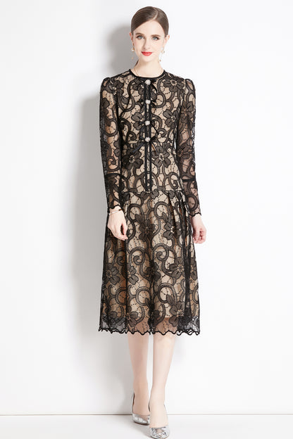 Women's Lace Floral Long Sleeve Midi Dress