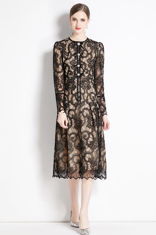 Women's Lace Floral Long Sleeve Midi Dress