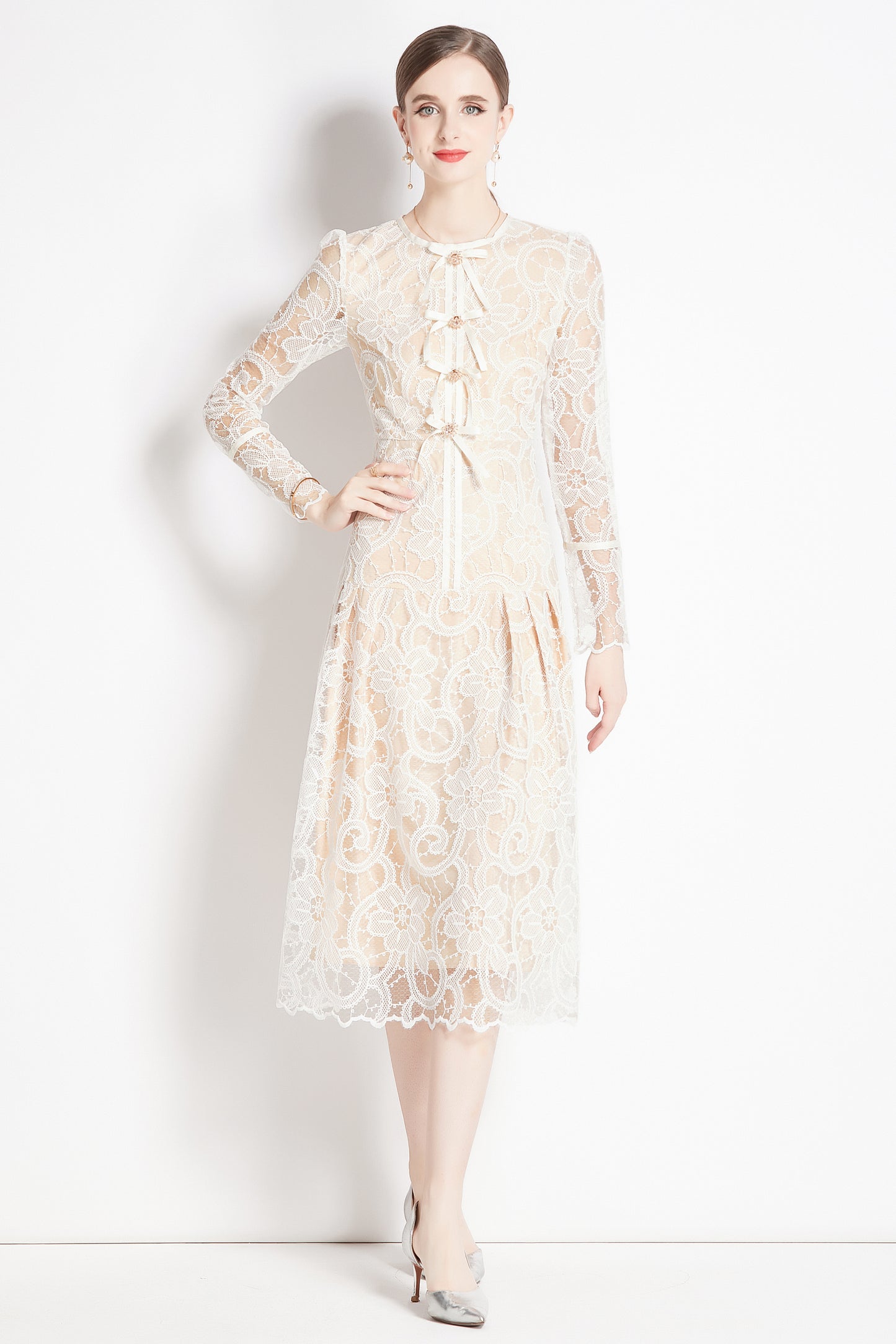 Women's Lace Floral Long Sleeve Midi Dress