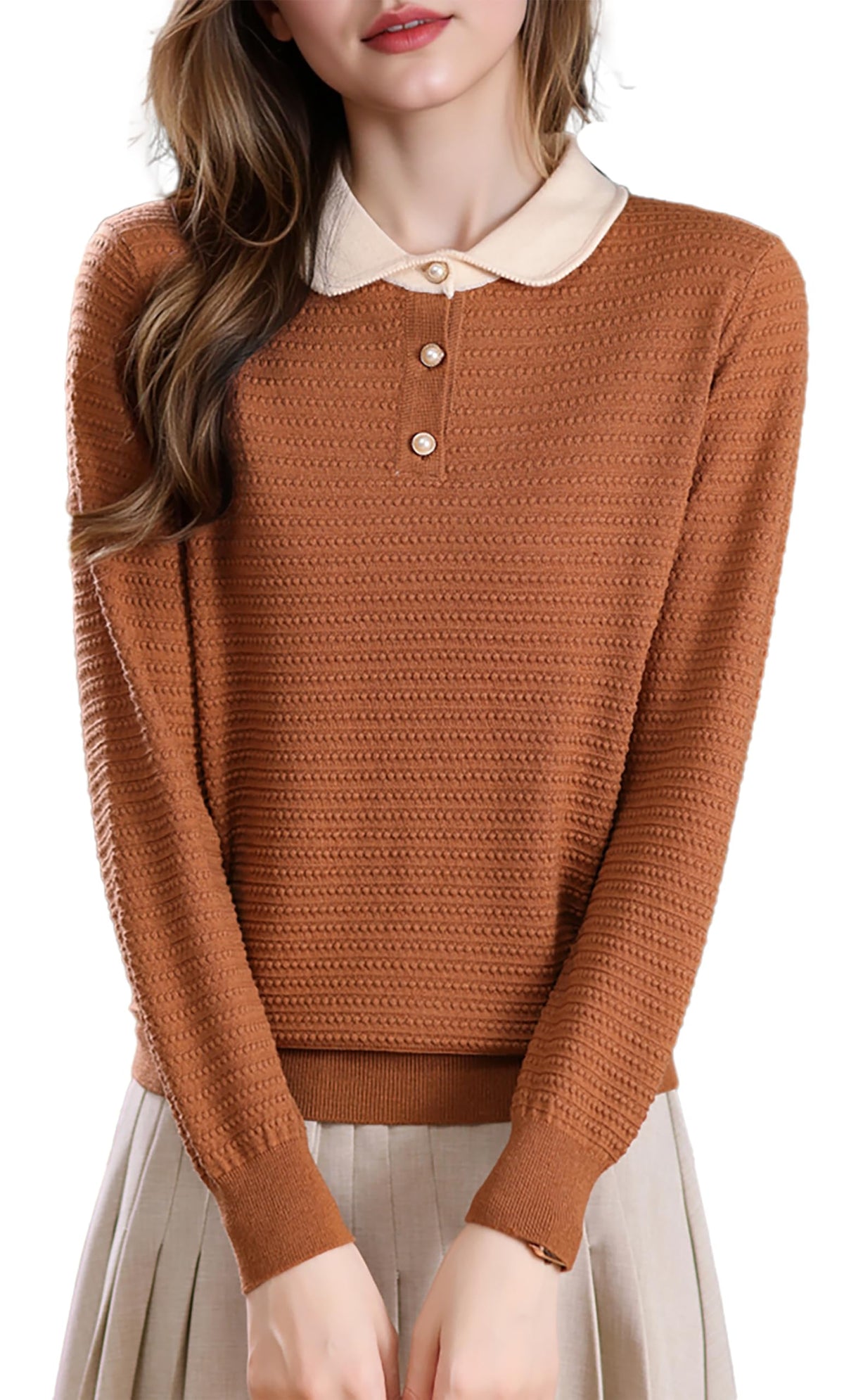 Long-Sleeve Knit Top — Polo Sweater Contrast Collar & Pearl Buttons