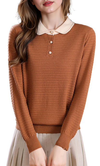 Long-Sleeve Knit Top — Polo Sweater Contrast Collar & Pearl Buttons