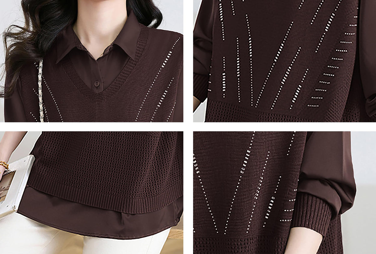 Women's 2-in-1 Layered Knit Vest Top — Shirt Collar with Dotted Trim