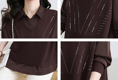 Women's 2-in-1 Layered Knit Vest Top — Shirt Collar with Dotted Trim